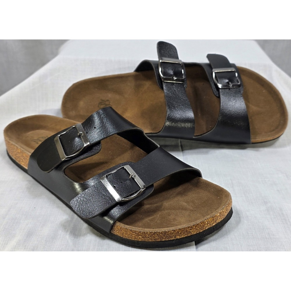 Rock & Republic Black Faux Leather Strap Buckle Slide Sandals with Cork Footbed